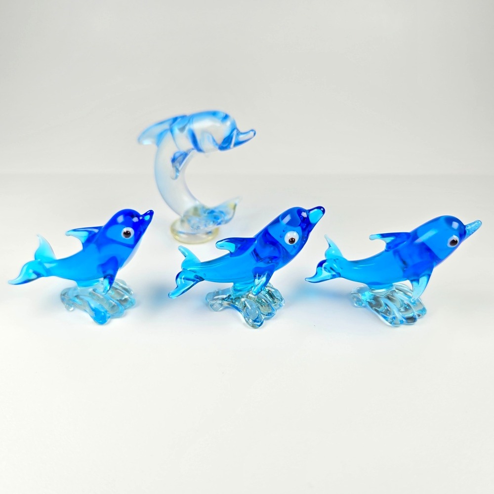 Vintage Art Glass Dolphins Aquatic Sea‎ Figurine Lot of 4 s Hand Blown Miniature